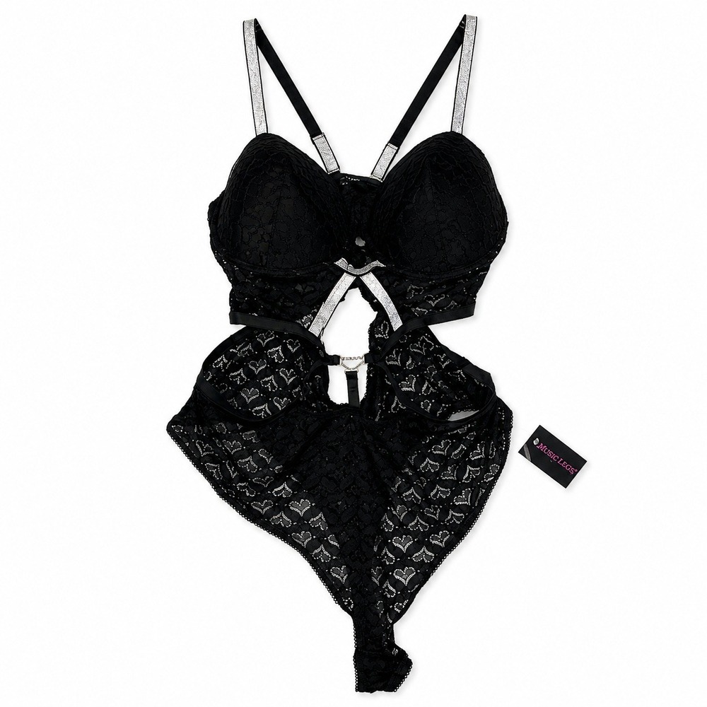 BodyRage Teddy Lingerie Women 2X Black Lace Glitter Strap Rhinestone Heart Charm